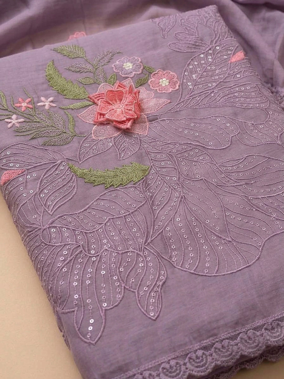 Purple Chanderi Printed Unstitched Dress Material