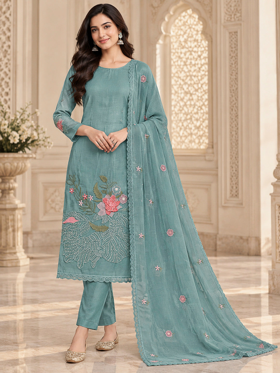 Sky Blue Chanderi Printed Unstitched Dress Material