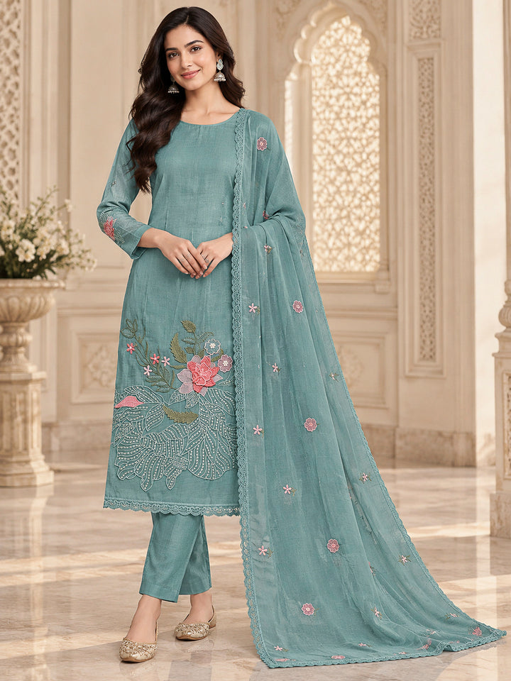 Sky Blue Chanderi Printed Unstitched Dress Material