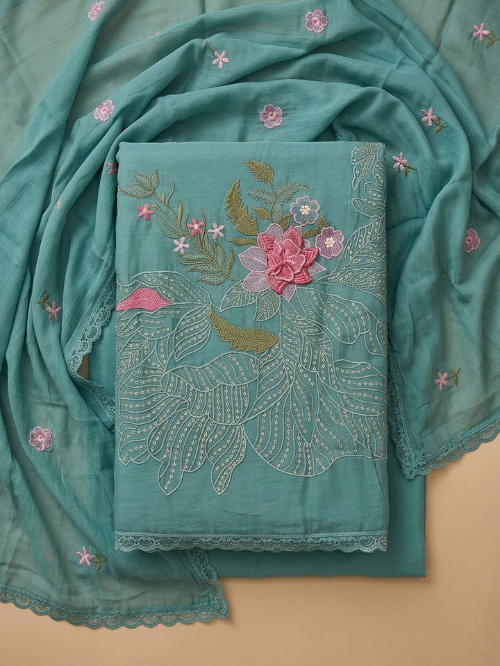 Sky Blue Chanderi Printed Unstitched Dress Material