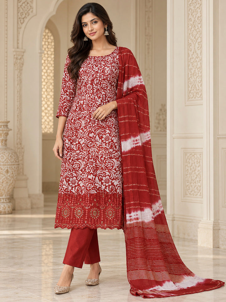Maroon Cotton Blend Printed Unstitched Dress Material