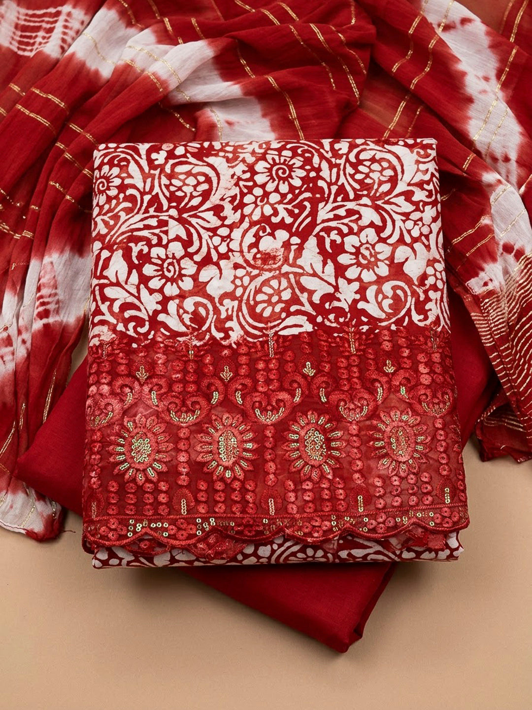 Maroon Cotton Blend Printed Unstitched Dress Material