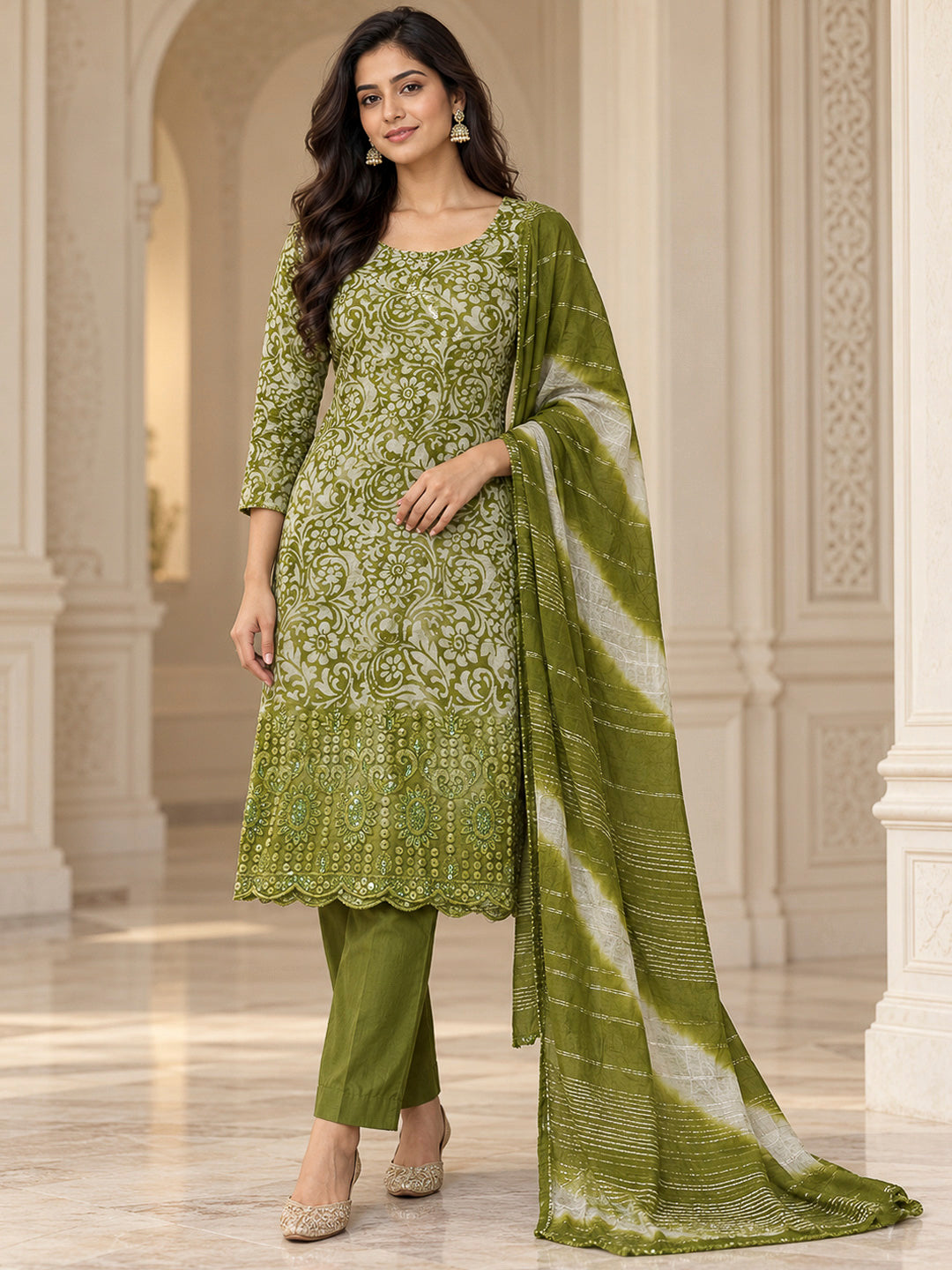 Mehndi Cotton Blend Printed Unstitched Dress Material