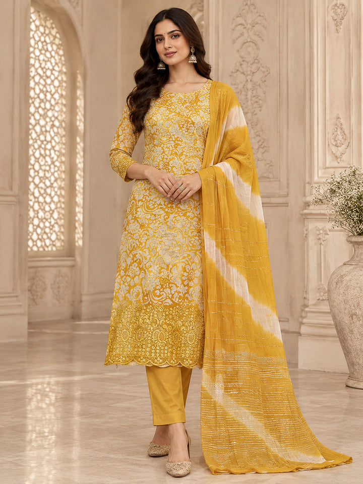 Mustard Cotton Blend Printed Unstitched Dress Material