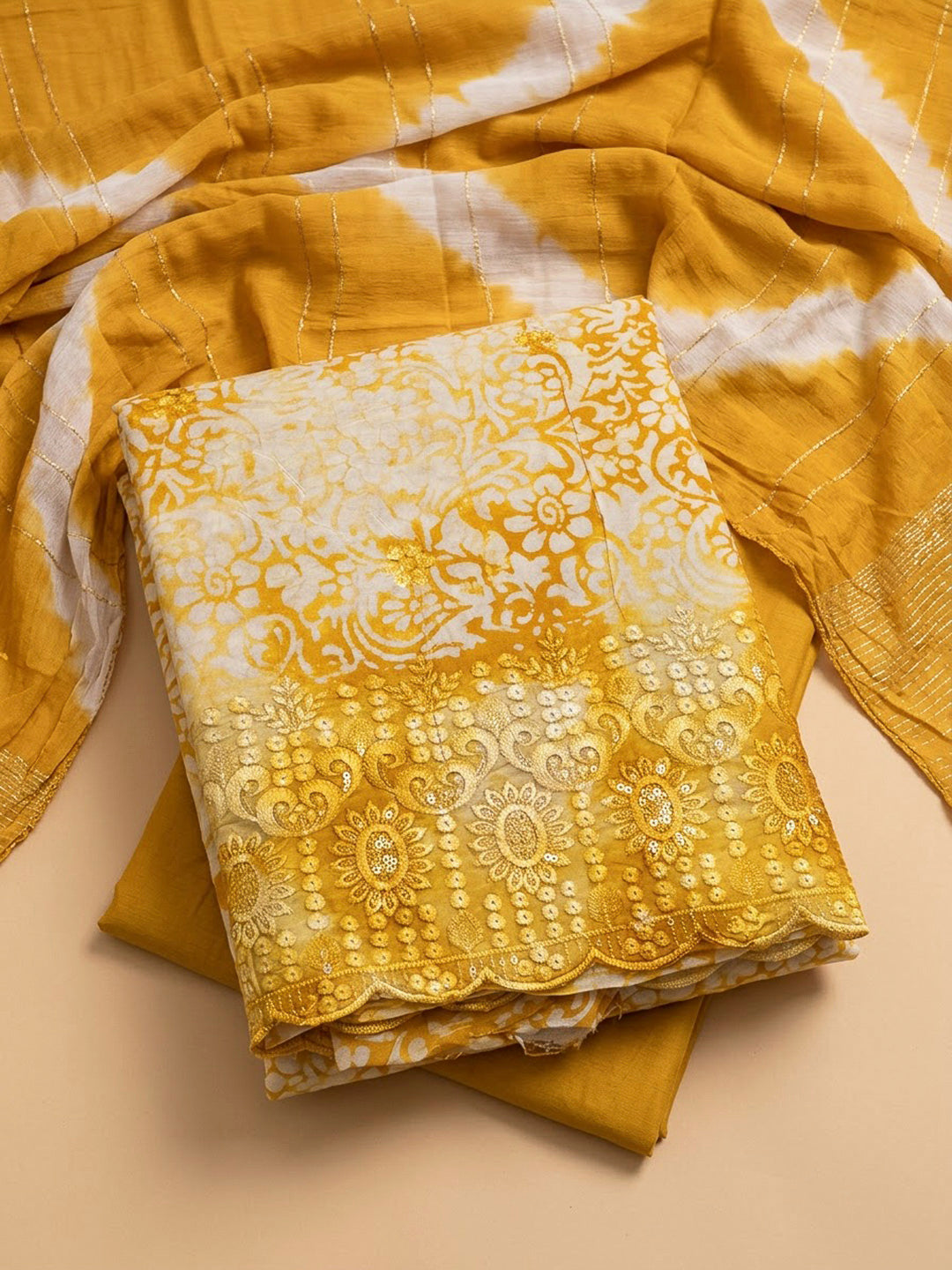 Mustard Cotton Blend Printed Unstitched Dress Material