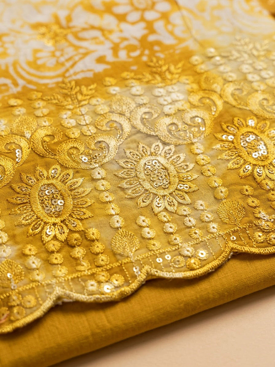 Mustard Cotton Blend Printed Unstitched Dress Material