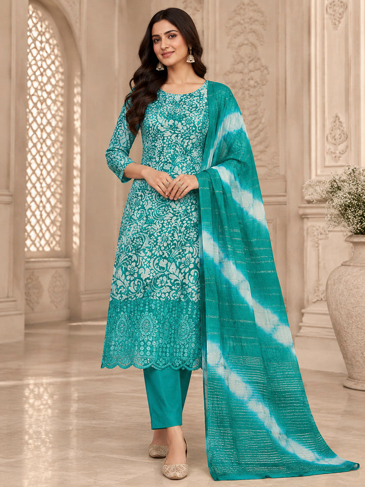 Rama Green Cotton Blend Printed Unstitched Dress Material