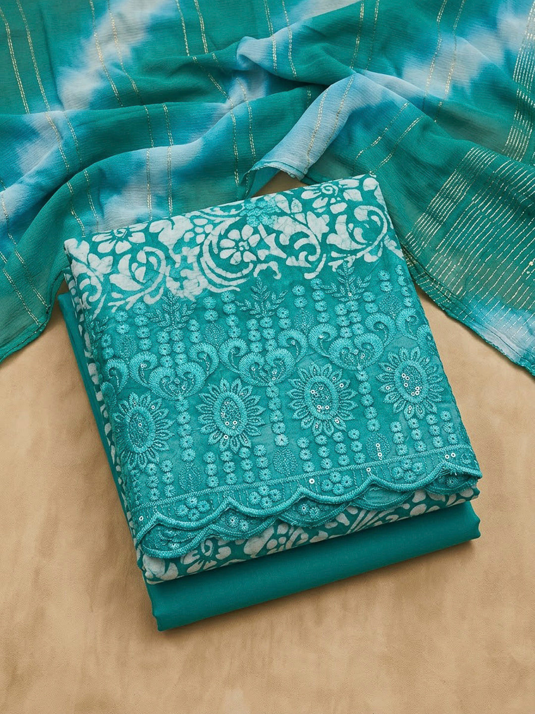 Rama Green Cotton Blend Printed Unstitched Dress Material