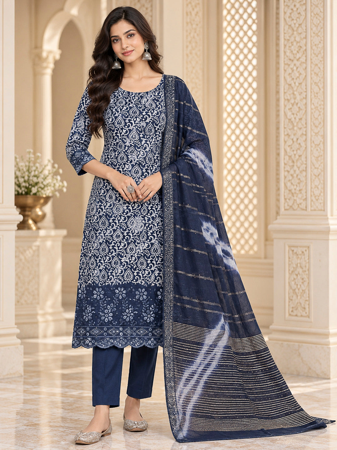 Blue Cotton Blend Embroidered Unstitched Dress Material
