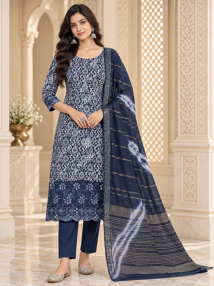 Blue Cotton Blend Embroidered Unstitched Dress Material