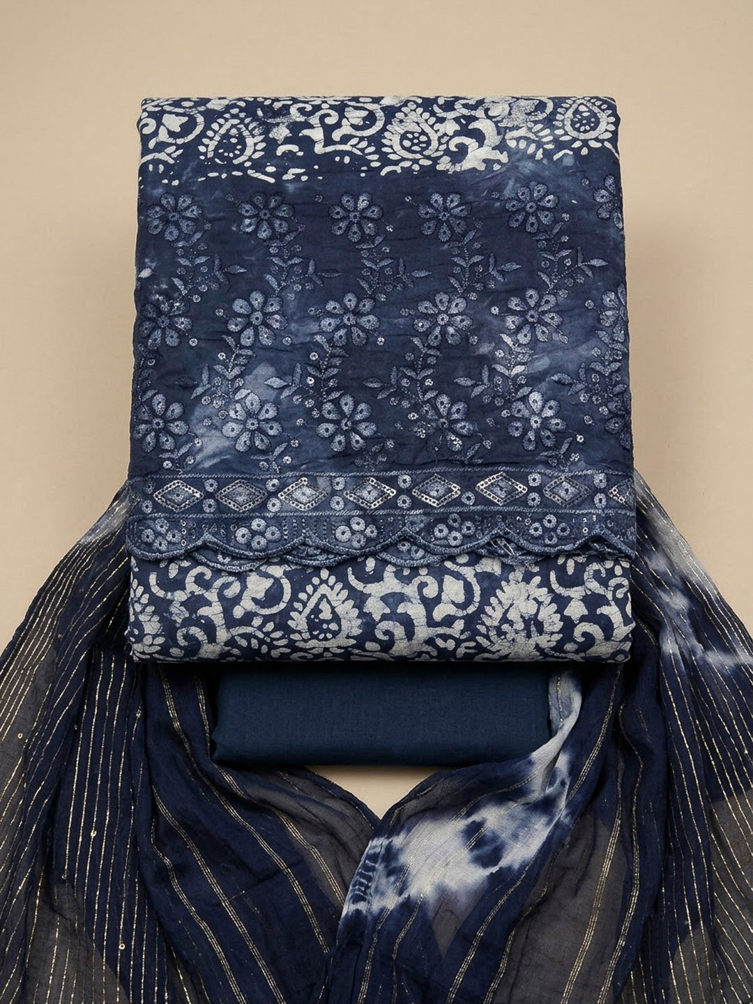 Blue Cotton Blend Embroidered Unstitched Dress Material