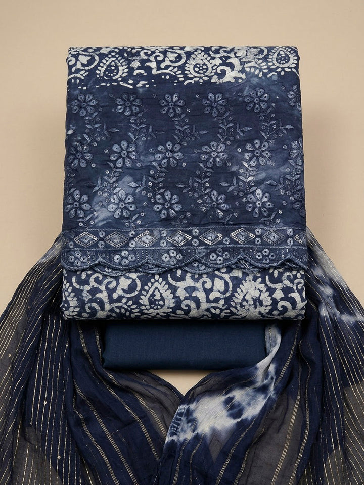 Blue Cotton Blend Embroidered Unstitched Dress Material