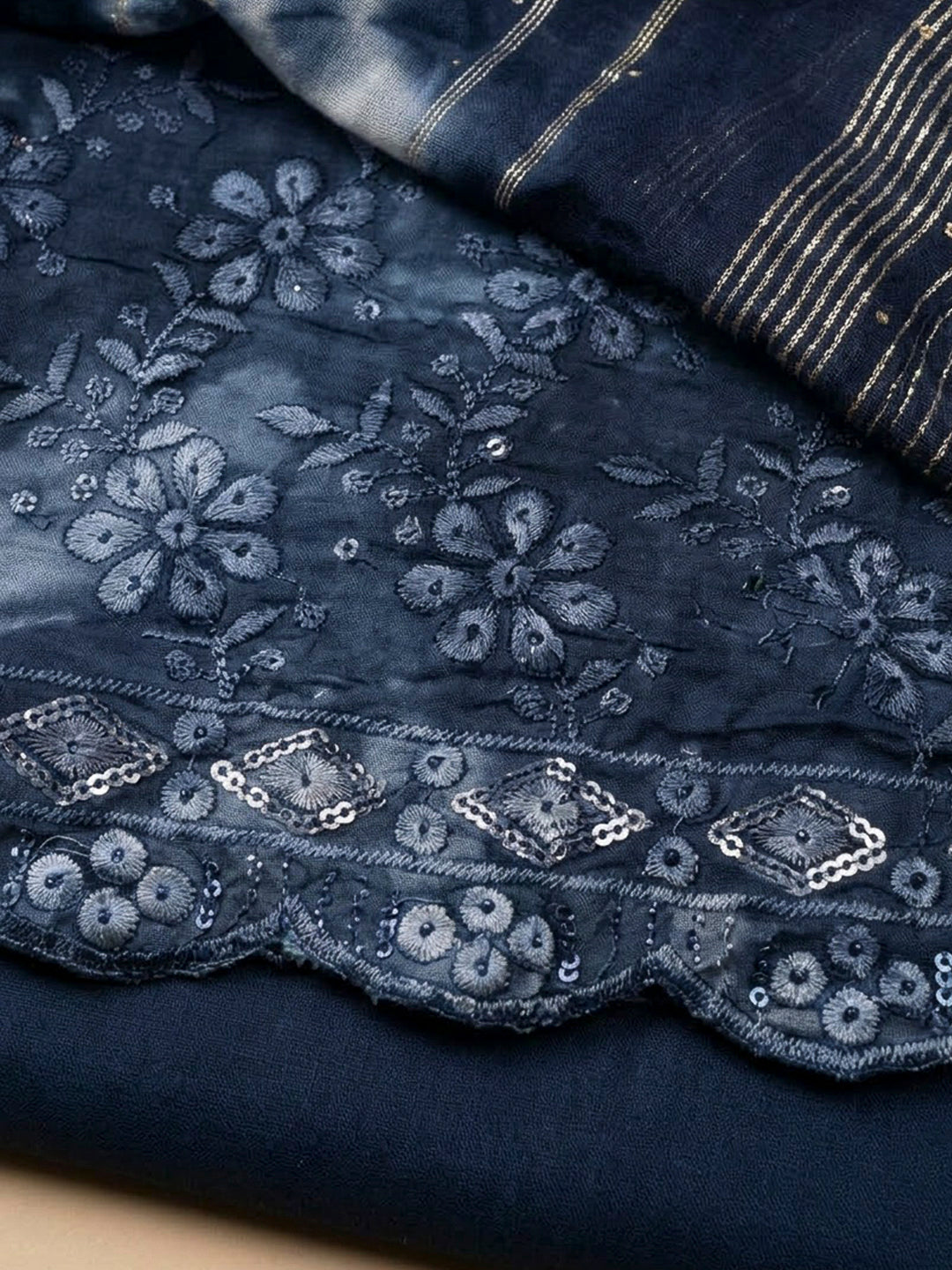 Blue Cotton Blend Embroidered Unstitched Dress Material
