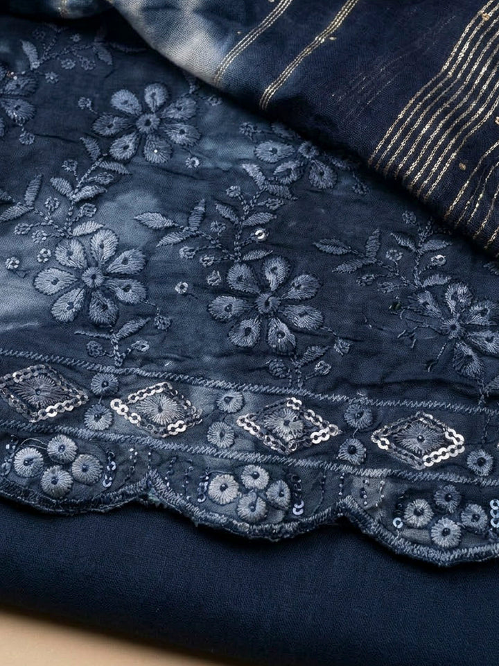 Blue Cotton Blend Embroidered Unstitched Dress Material