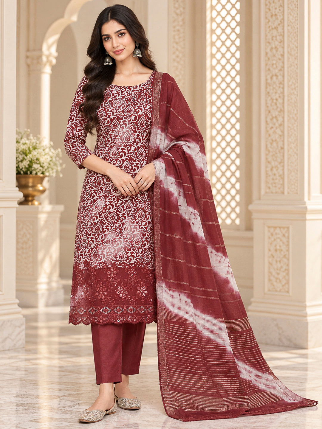Maroon Cotton Blend Embroidered Unstitched Dress Material