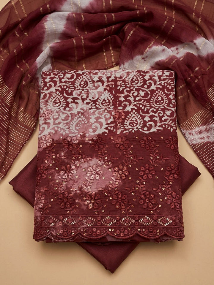 Maroon Cotton Blend Embroidered Unstitched Dress Material