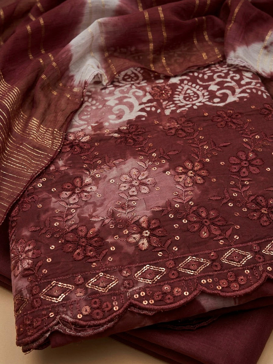 Maroon Cotton Blend Embroidered Unstitched Dress Material