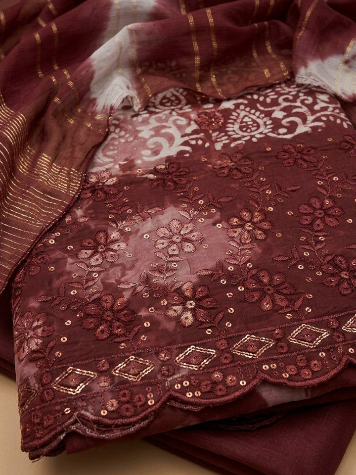 Maroon Cotton Blend Embroidered Unstitched Dress Material