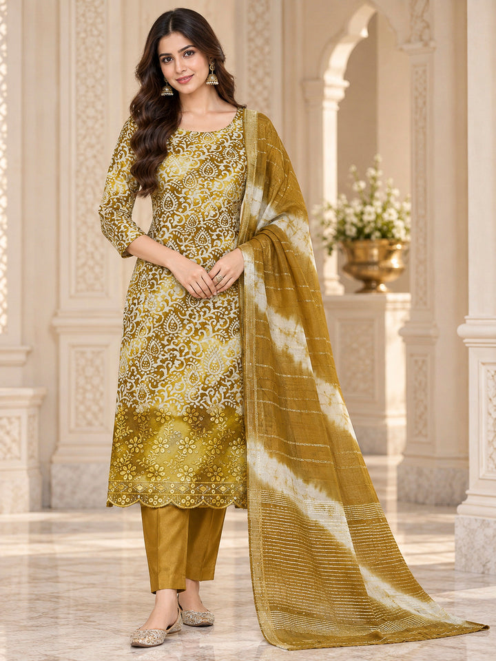 Mehndi Cotton Blend Embroidered Unstitched Dress Material