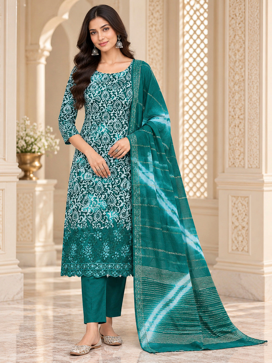 Rama Green Cotton Blend Embroidered Unstitched Dress Material