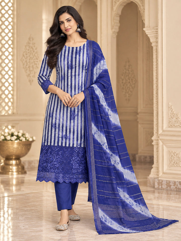 Blue Cotton Blend Printed Unstitched Dress Material