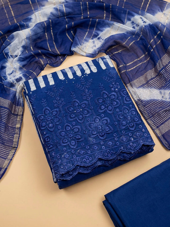 Blue Cotton Blend Printed Unstitched Dress Material