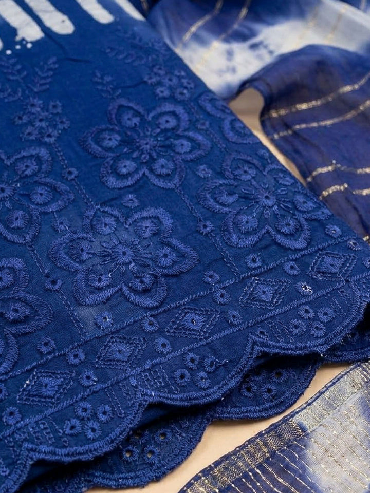 Blue Cotton Blend Printed Unstitched Dress Material