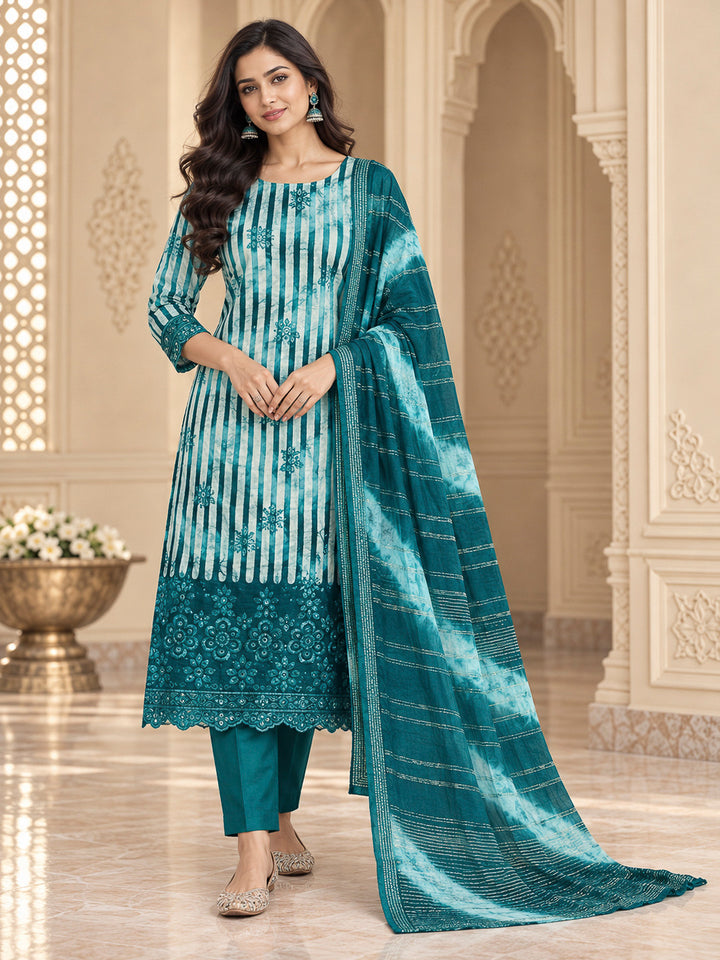 Rama Green Cotton Blend Printed Unstitched Dress Material