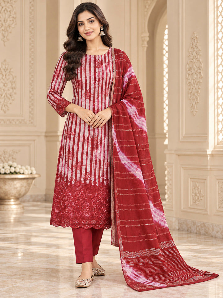 Red Cotton Blend Printed Unstitched Dress Material
