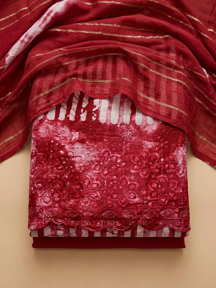 Red Cotton Blend Printed Unstitched Dress Material