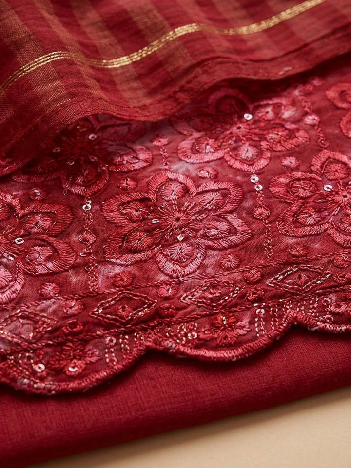 Red Cotton Blend Printed Unstitched Dress Material