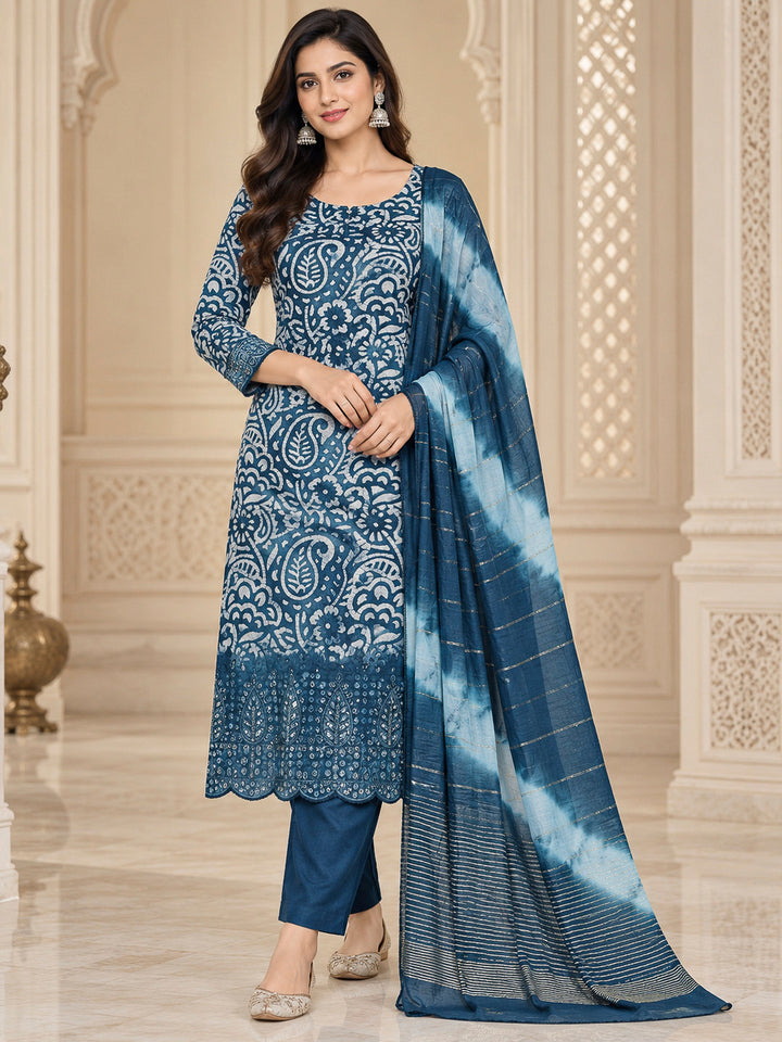 Blue Cotton Blend Embroidered Unstitched Dress Material