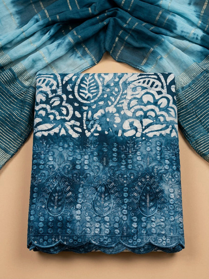 Blue Cotton Blend Embroidered Unstitched Dress Material