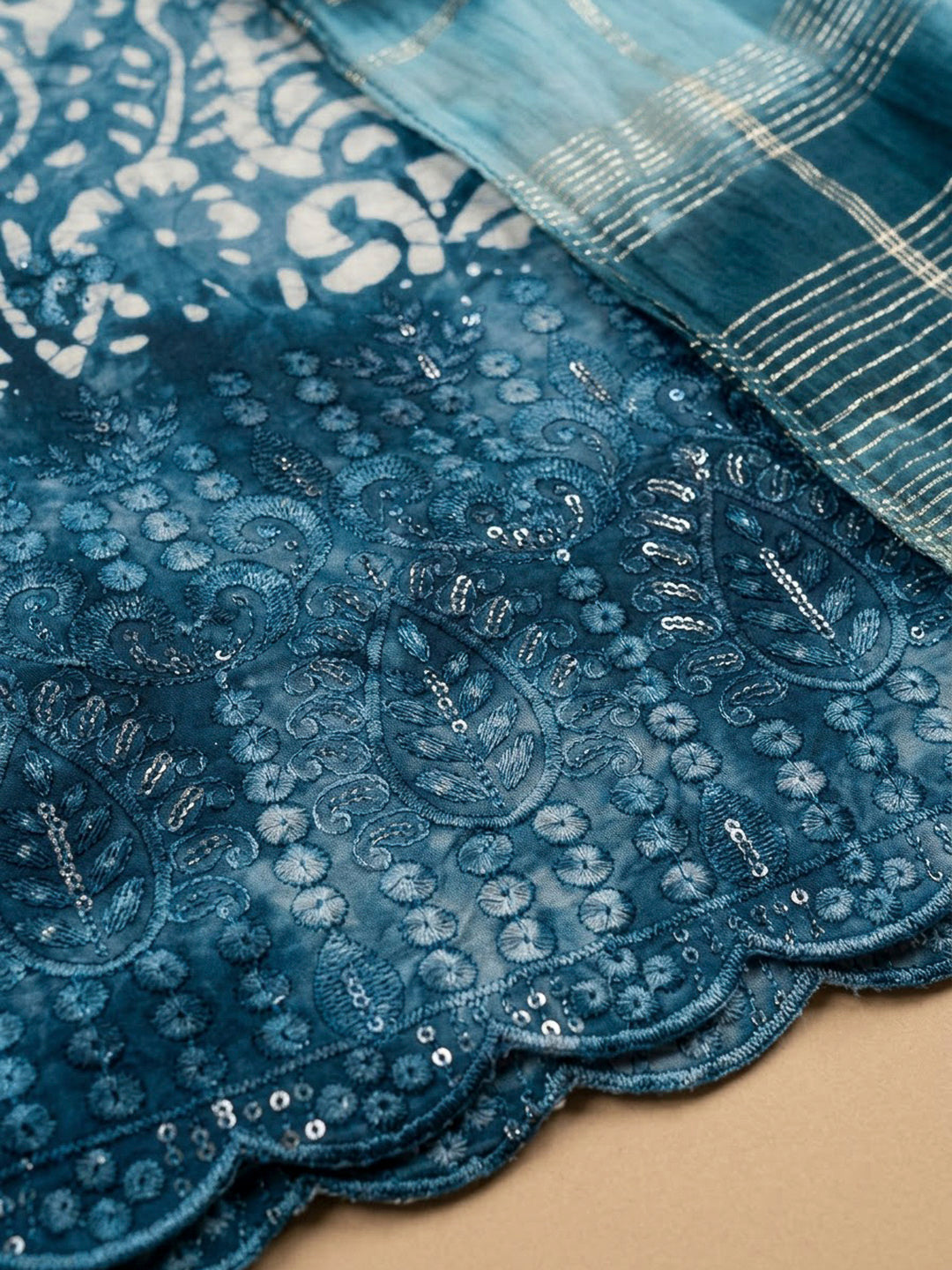 Blue Cotton Blend Embroidered Unstitched Dress Material