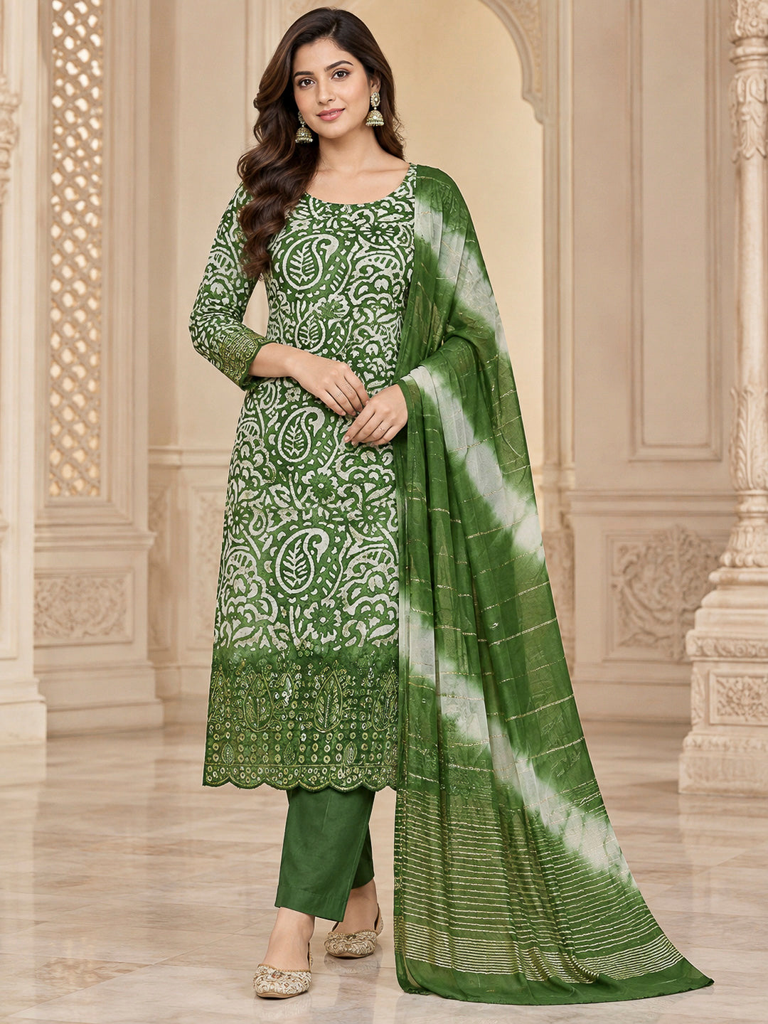 Bottle Green Cotton Blend Embroidered Unstitched Dress Material