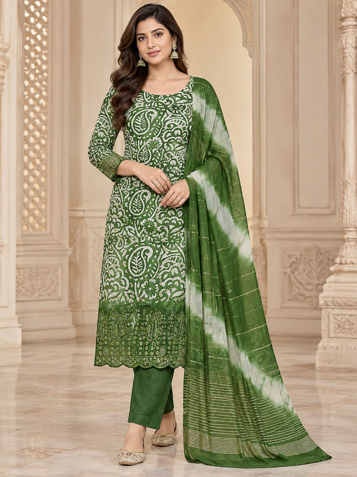 Bottle Green Cotton Blend Embroidered Unstitched Dress Material