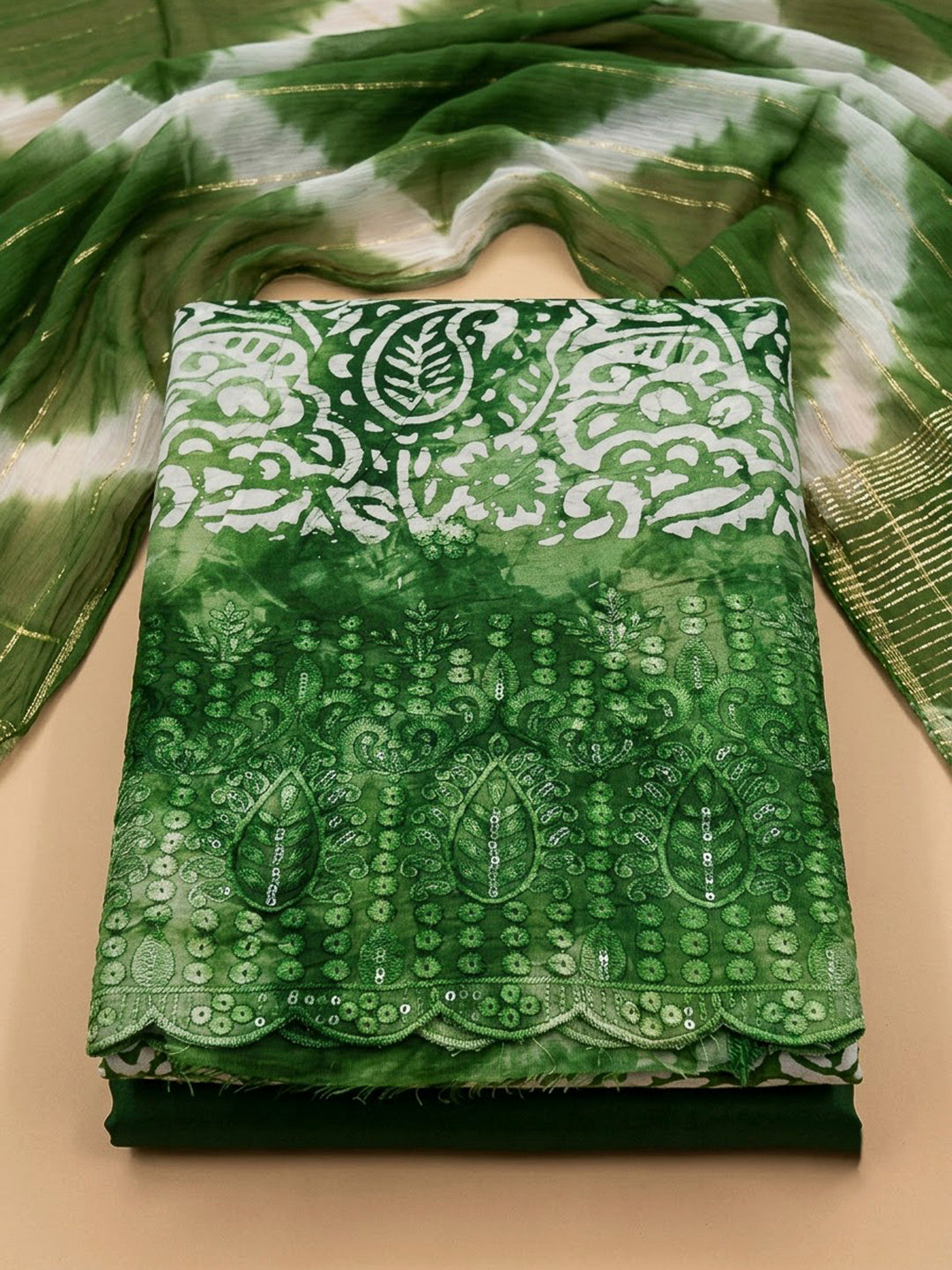 Bottle Green Cotton Blend Embroidered Unstitched Dress Material