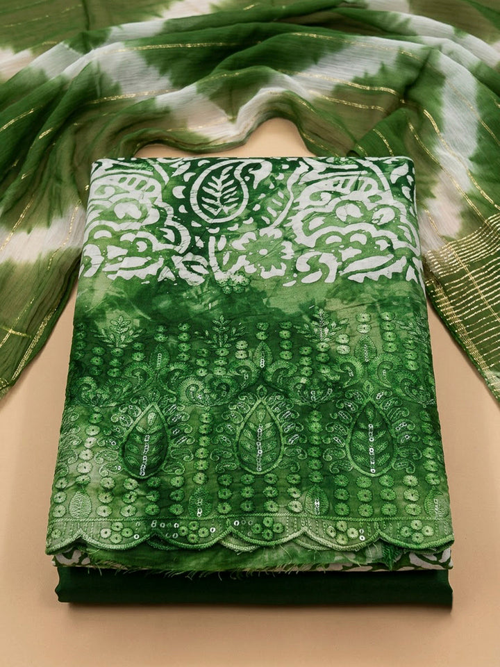 Bottle Green Cotton Blend Embroidered Unstitched Dress Material