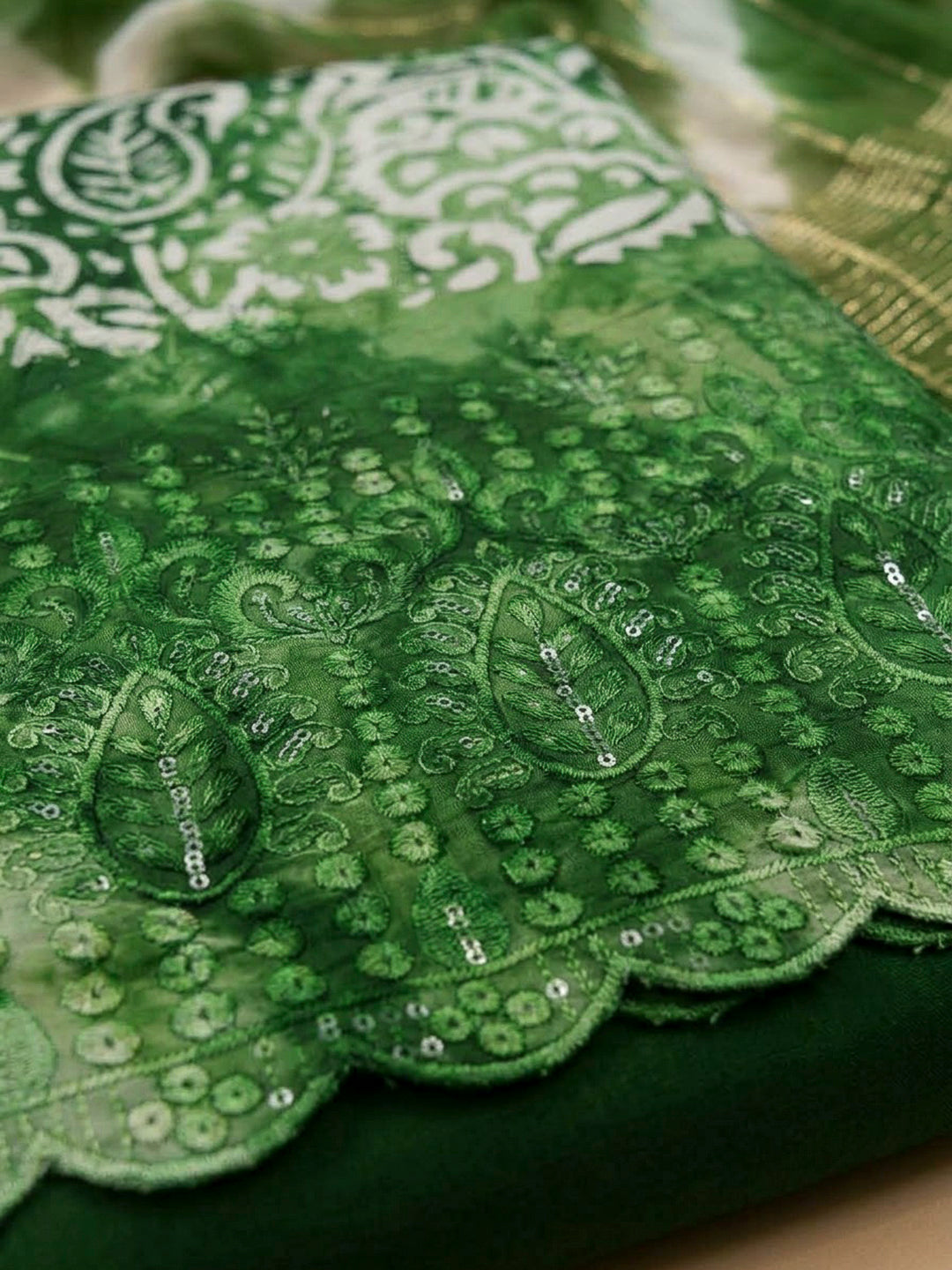 Bottle Green Cotton Blend Embroidered Unstitched Dress Material