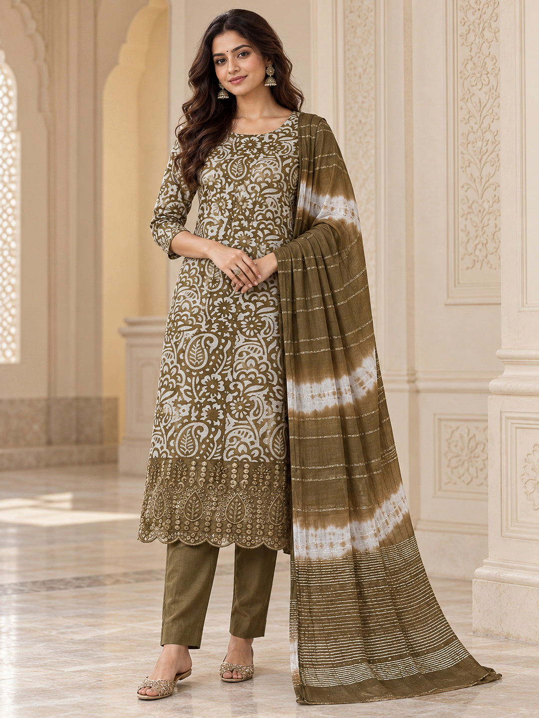 Mehndi Cotton Blend Embroidered Unstitched Dress Material