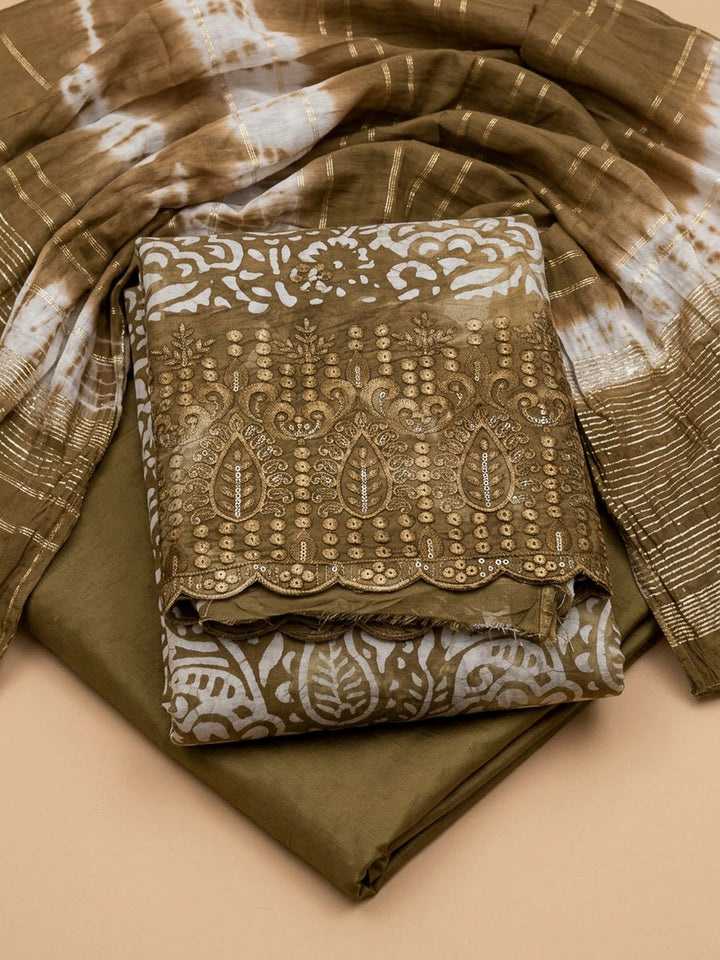 Mehndi Cotton Blend Embroidered Unstitched Dress Material