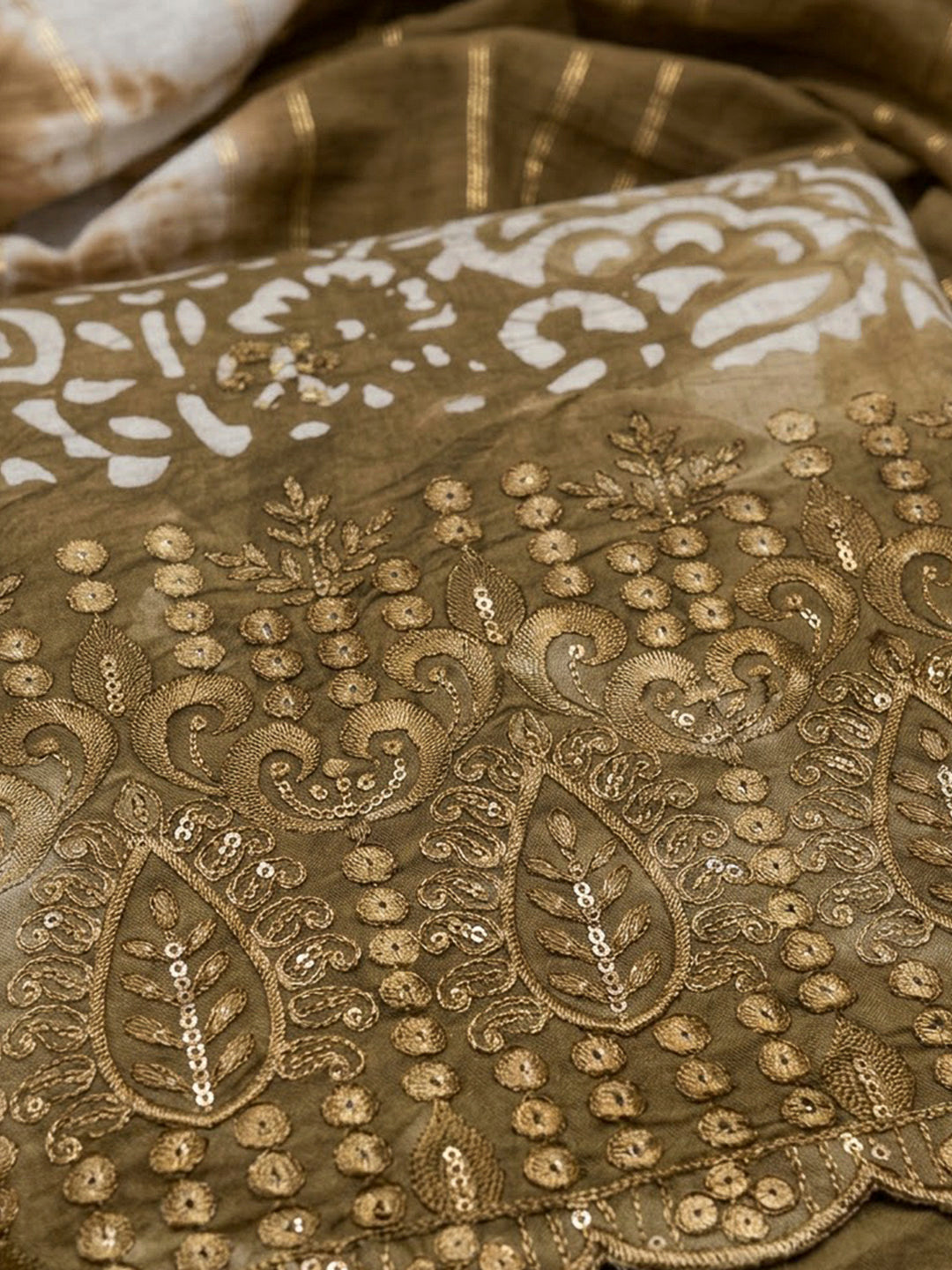 Mehndi Cotton Blend Embroidered Unstitched Dress Material