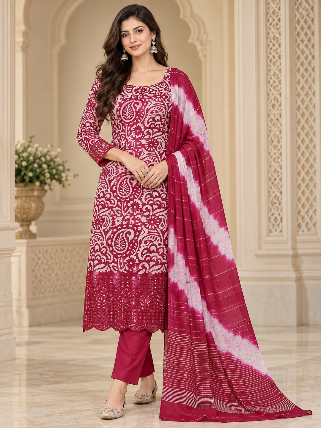 Onion Pink Cotton Blend Embroidered Unstitched Dress Material