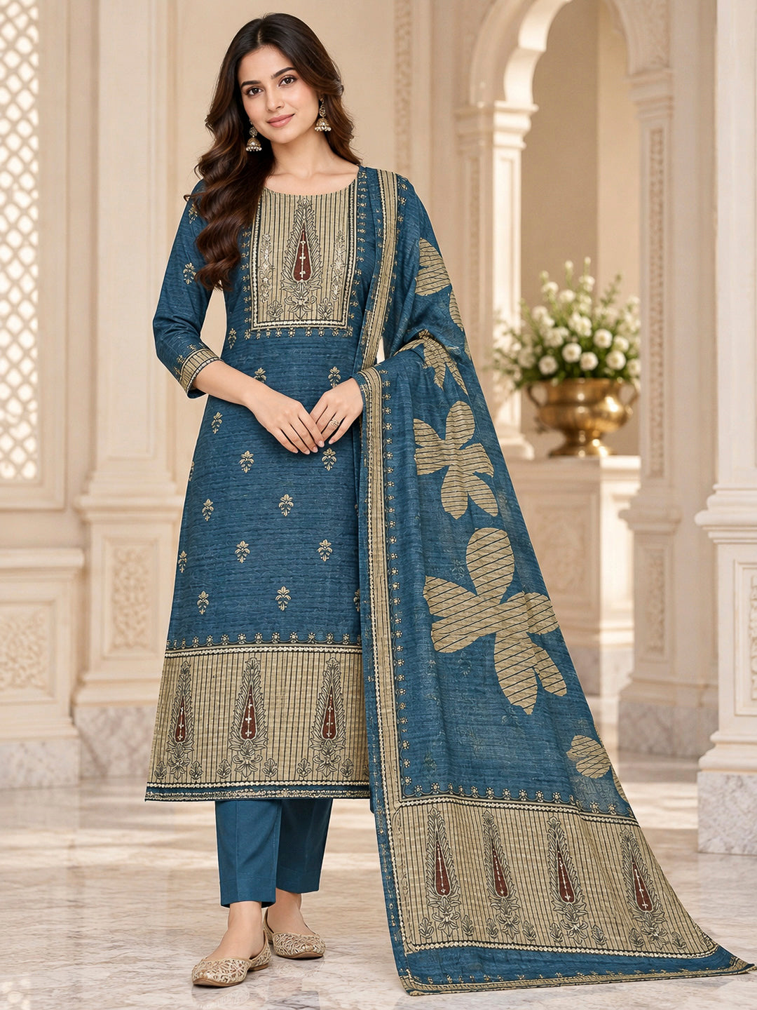 Blue Chanderi Embroidered Unstitched Dress Material
