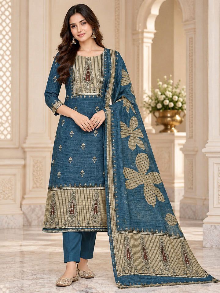 Blue Chanderi Embroidered Unstitched Dress Material