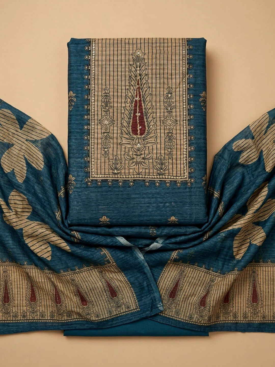 Blue Chanderi Embroidered Unstitched Dress Material
