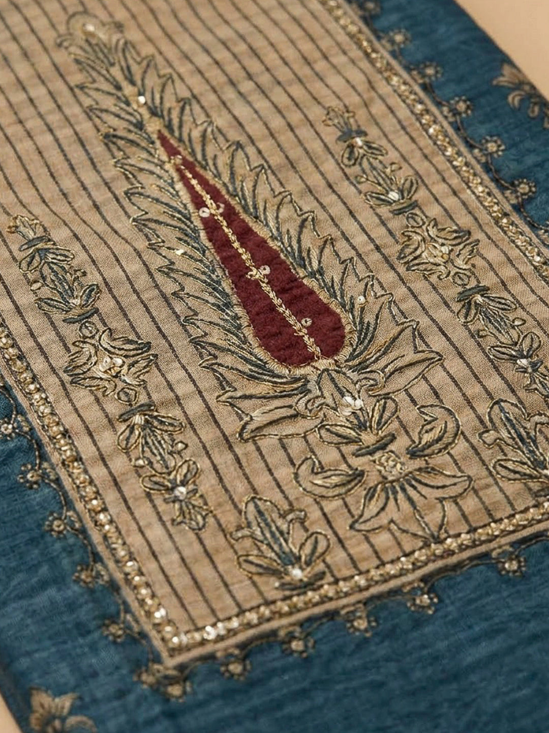 Blue Chanderi Embroidered Unstitched Dress Material