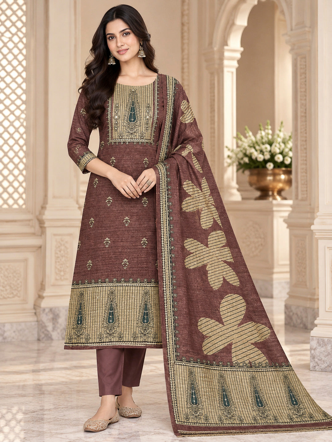 Onion Pink Chanderi Embroidered Unstitched Dress Material