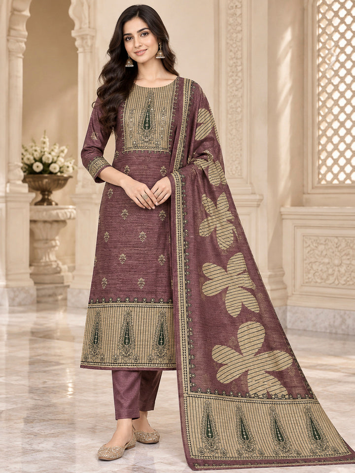 Purple Chanderi Embroidered Unstitched Dress Material