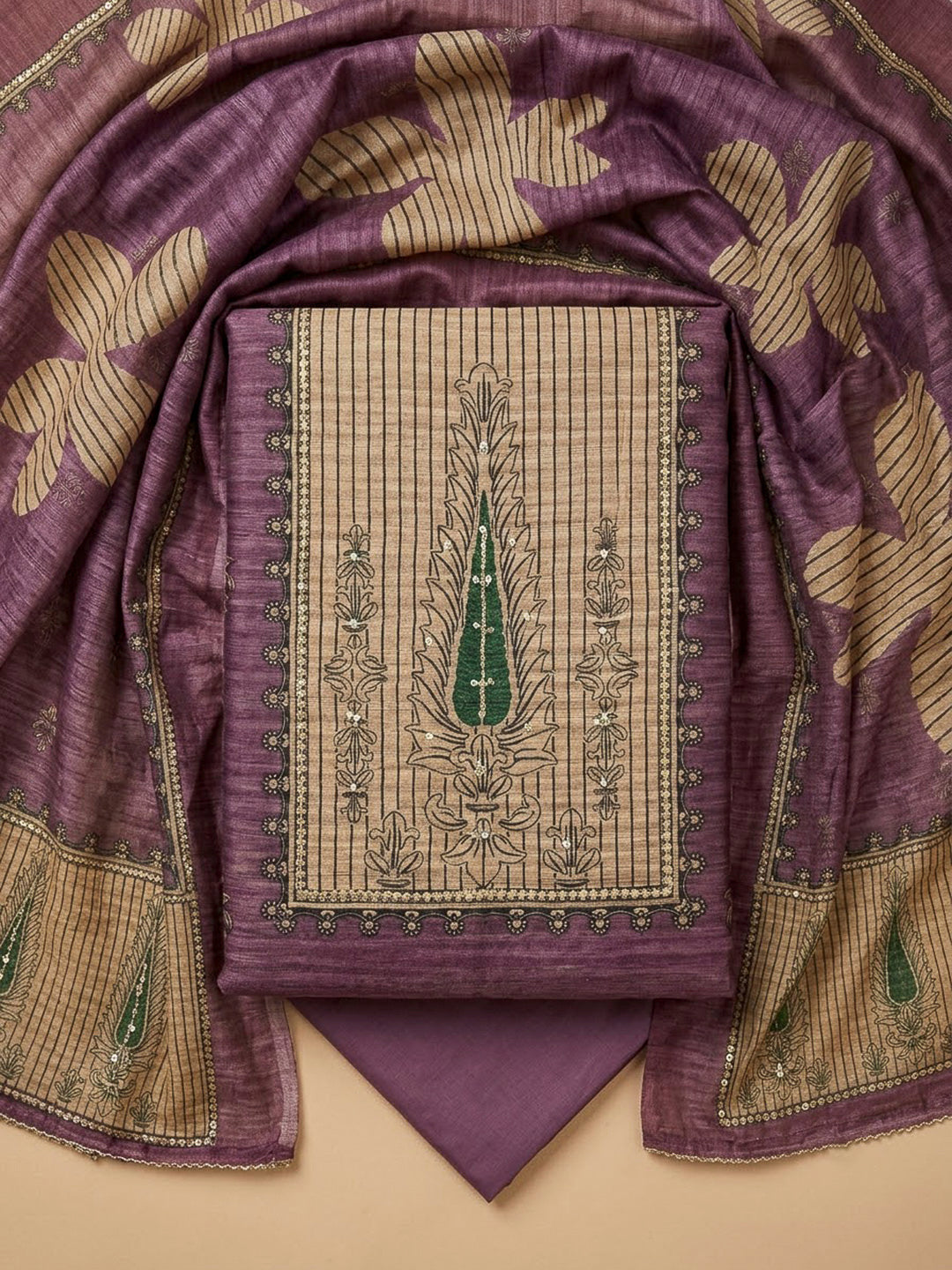 Purple Chanderi Embroidered Unstitched Dress Material